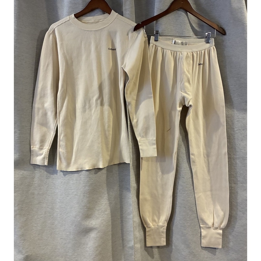 Vintage Carhartt Thermal Set Mens Tall M Cream Waffle Knit Long Sleeve USA
